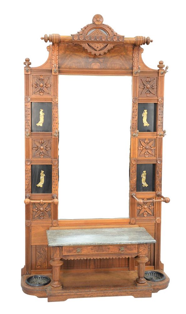 Appraisal: Aesthetic Walnut and Burl Walnut Hall Rack with Mirror having