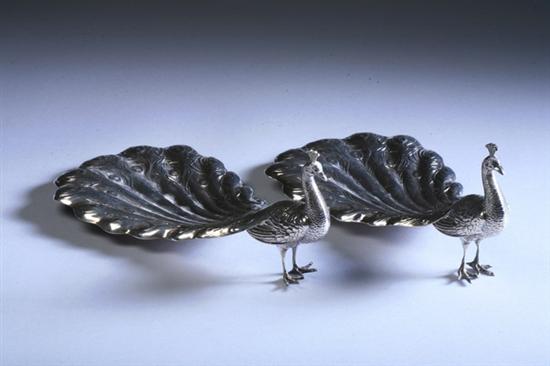 Appraisal: PAIR GORHAM STERLING SILVER PEACOCK-FORM CARD HOLDERS Gorham and Durgin