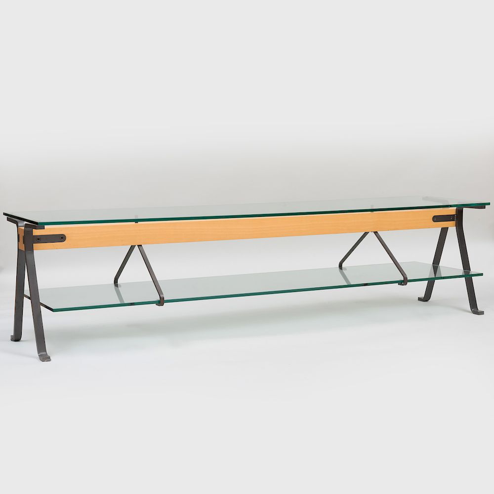 Appraisal: Fratello Steel-Mounted Glass and Wood Low Table in x ft