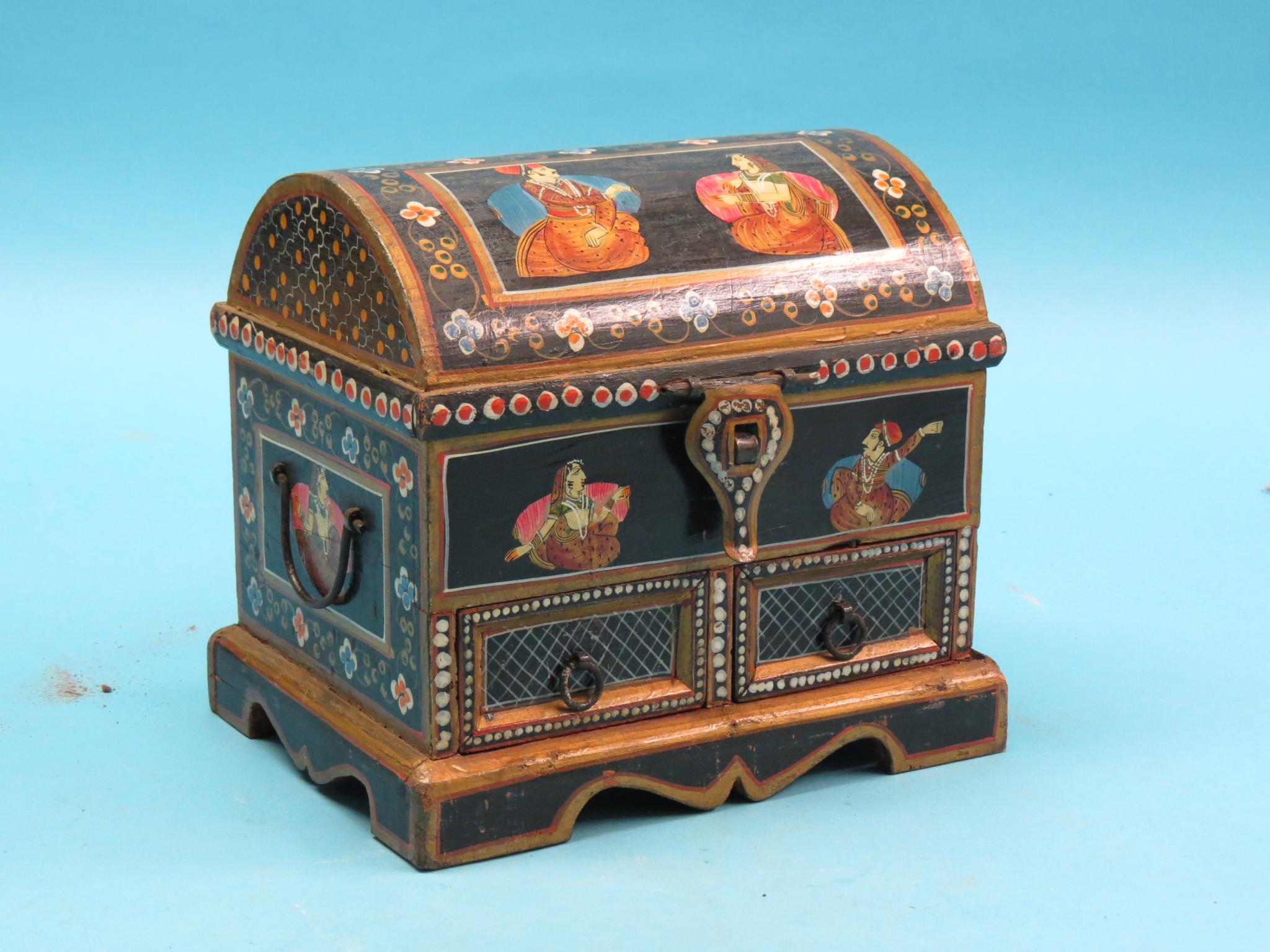 Appraisal: An Indian miniature painted wood dowry chest with domed cover