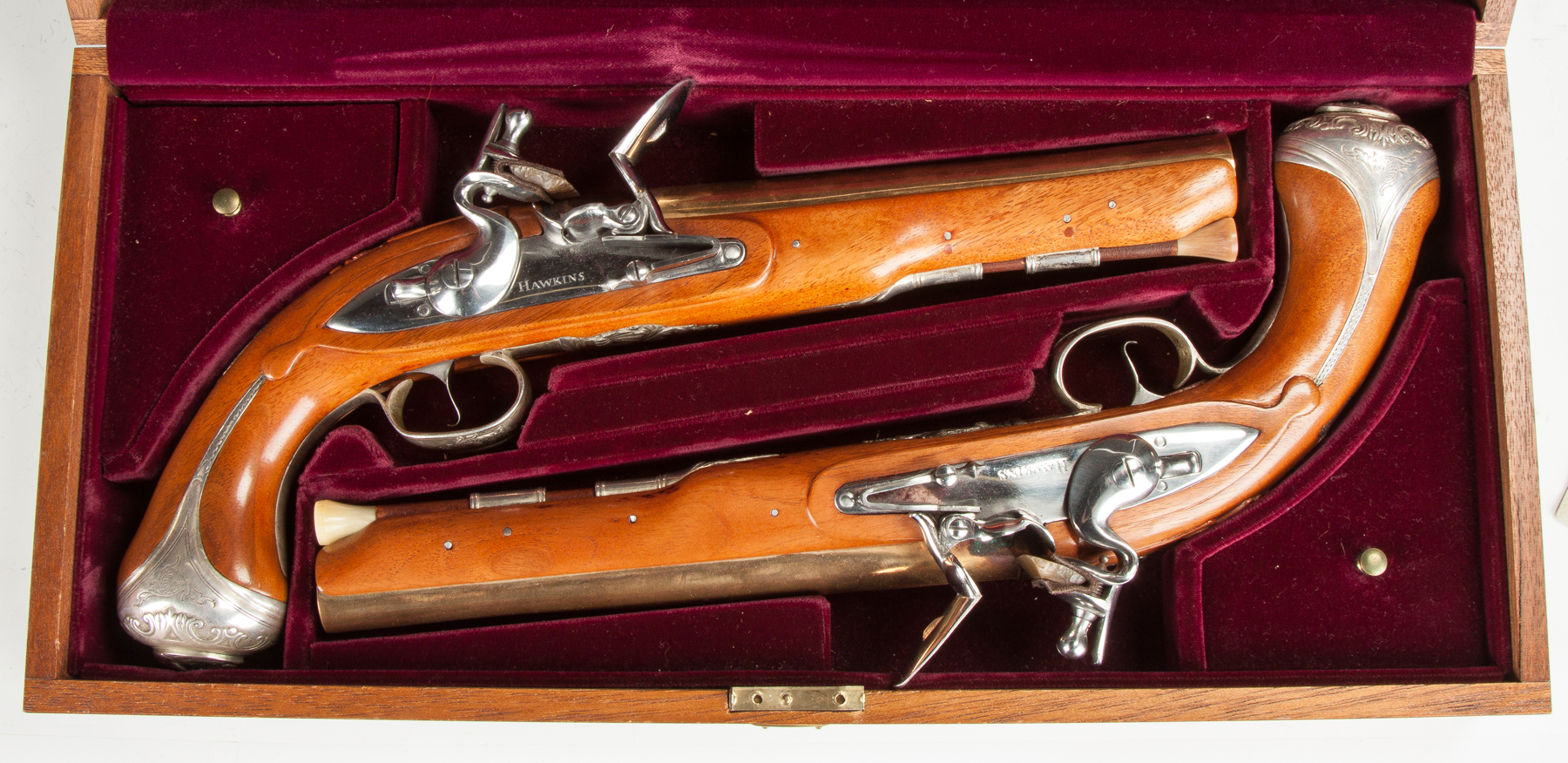 Appraisal: Bicentennial George Washington Flintlock Pistols Silver inlay gold-barreled firing replicas