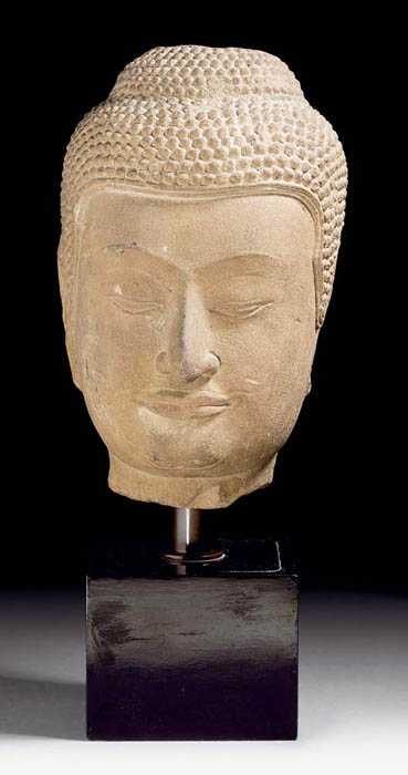 Appraisal: FINE BUDDHA HEAD Thailand Lopburi th century H cm Sandstone