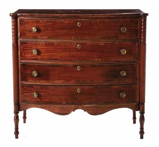 Appraisal: Late Federal carved and inlaid mahogany bowfront chest of drawers