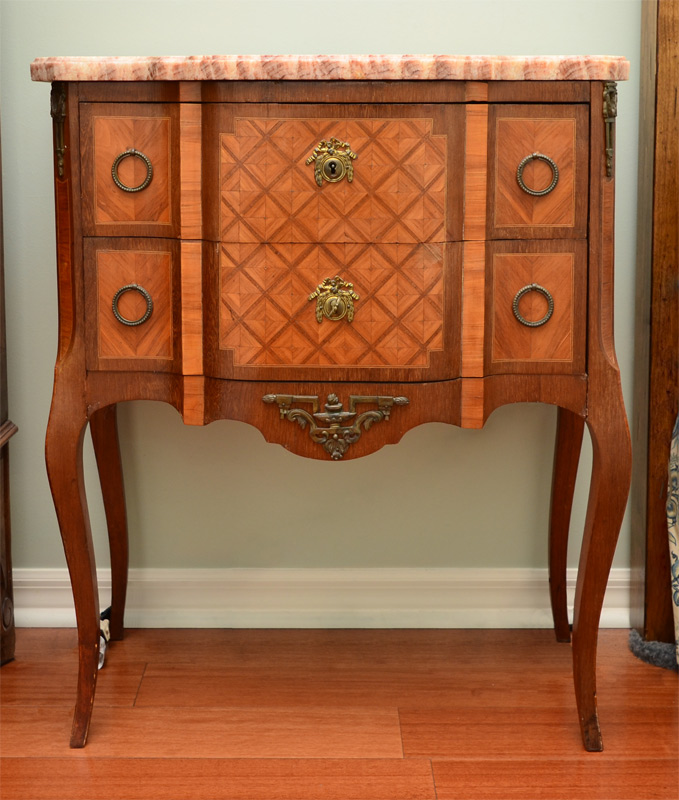 Appraisal: MARBLE TOP PARQUETRY DRAWER NIGHTSTAND Shaped variegated marble top drawers