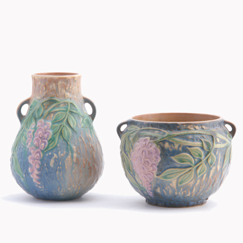 Appraisal: ROSEVILLE Two blue Wisteria pieces one bulbous vase and one