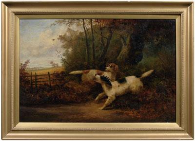 Appraisal: Charles Dudley sporting painting two spaniels spotting a pheasant signed