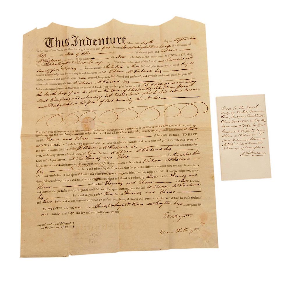 Appraisal: Land Indenture Thomas Worthington Signature Land Indenture Thomas Worthington Signature