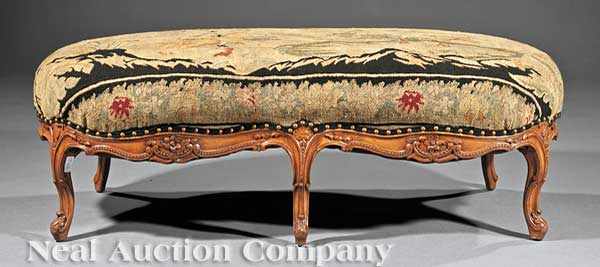 Appraisal: An Antique Louis XV-Style Carved Fruitwood Bench th c tapestry