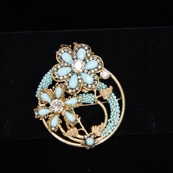 Appraisal: Miriam Haskell LARGE Flower Brooch Pin with turquoise glass beads