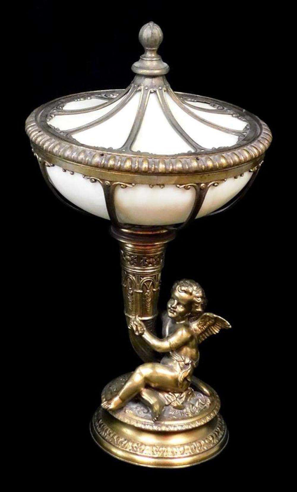 Appraisal: Victorian brass and slag glass table lamp sculptural base of