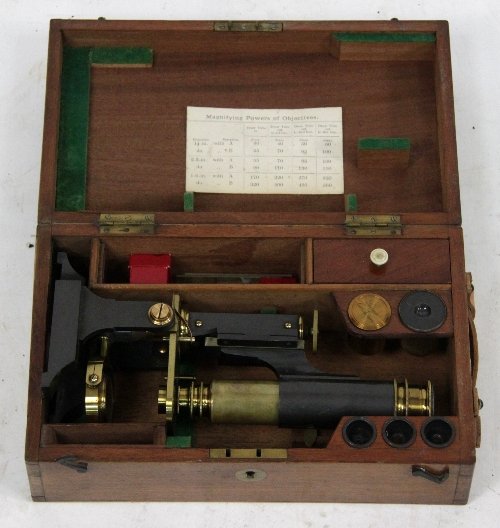 Appraisal: A brass and ebonized metal microscope with condensers lens etc