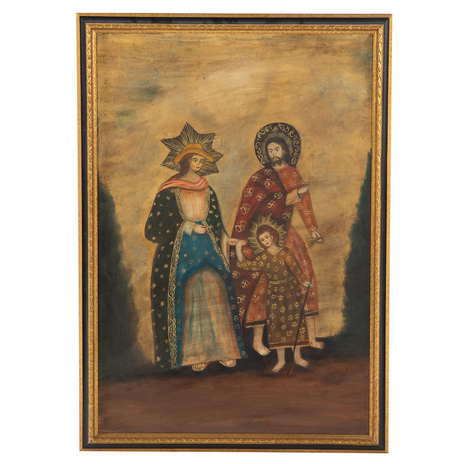 Appraisal: SPANISH COLONIAL RELIGIOUS FIGURES OIL Oil on canvas circa depicting