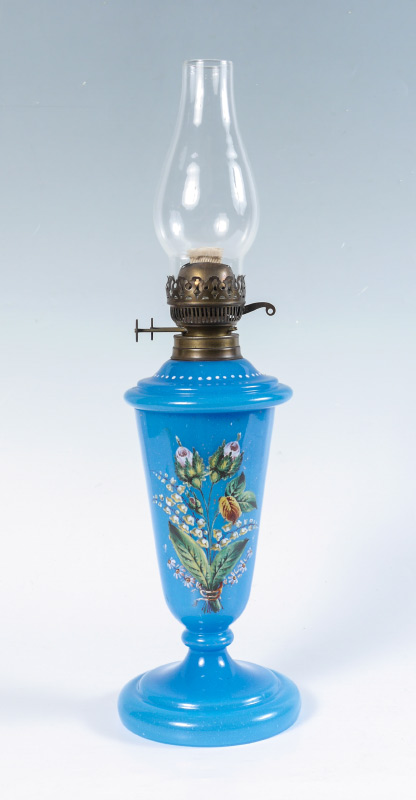 Appraisal: BLUE OPALINE BRISTOL GLASS OIL LAMP Glass font and base