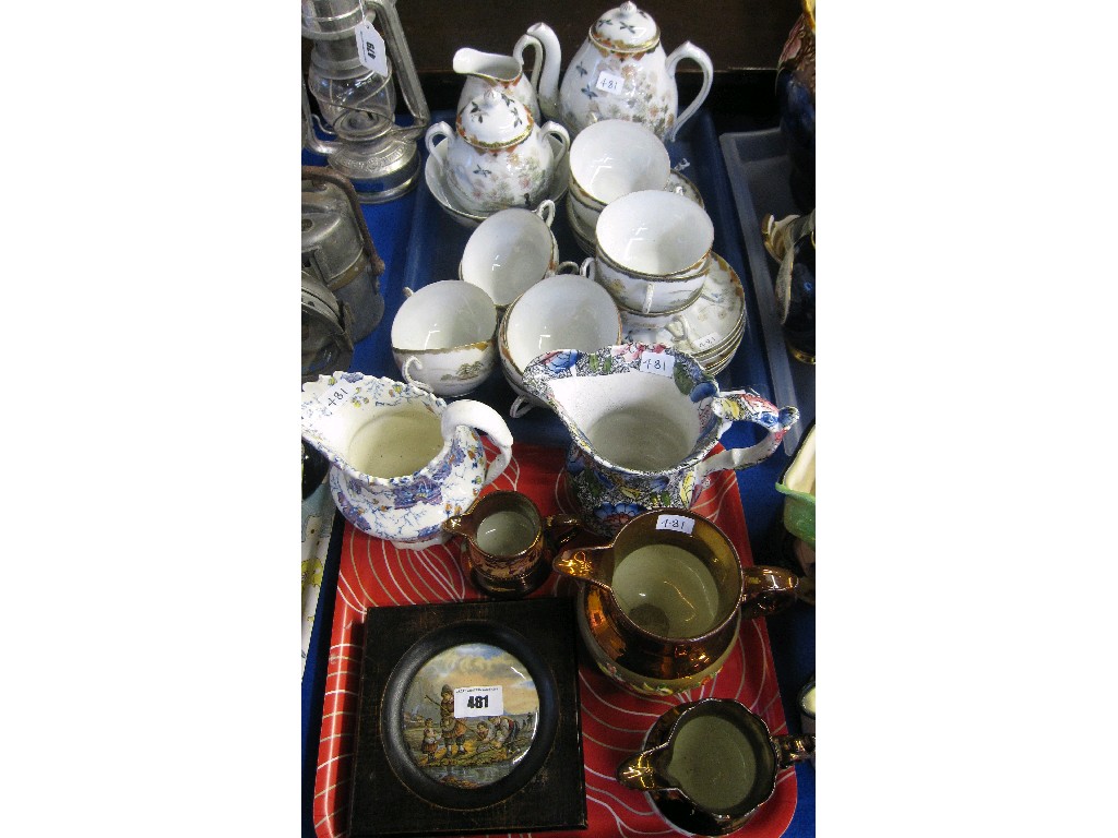 Appraisal: Lot comprising framed pot lid three copper lustre jugs two