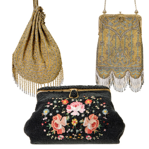 Appraisal: Three glass or steel beaded bags two Edwardian bags with