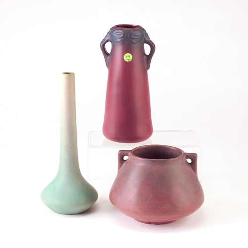 Appraisal: VAN BRIGGLE MUNCIE Three vases Van Briggle s two-handled in