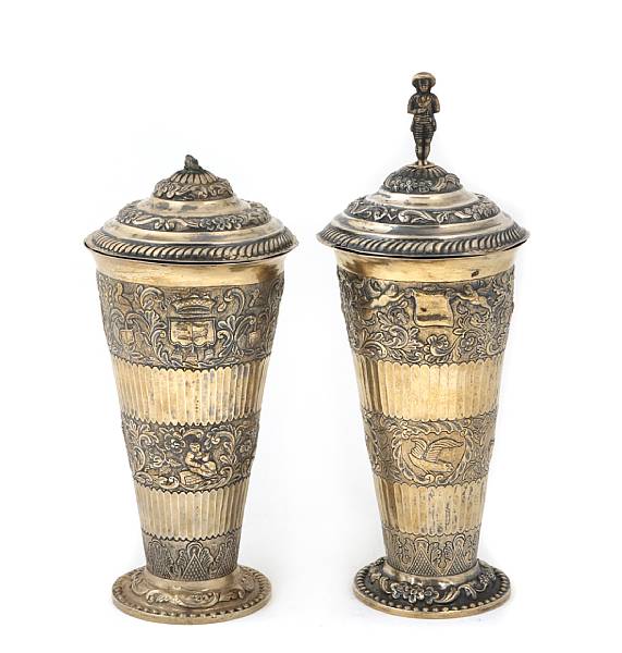 Appraisal: An Assembled pair of Dutch silver gilt beakers with coversBearing