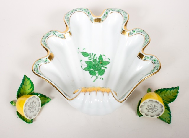 Appraisal: Three Herend porcelain table articles shell-shaped dish in the green