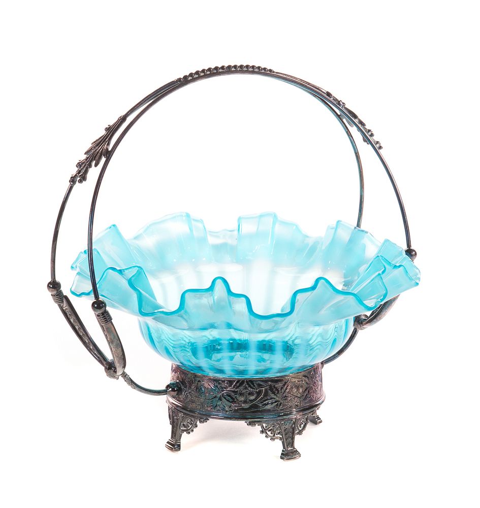 Appraisal: Victorian Blue Opalescent Brides Basket Victorian Blue Opalescent Brides Basket