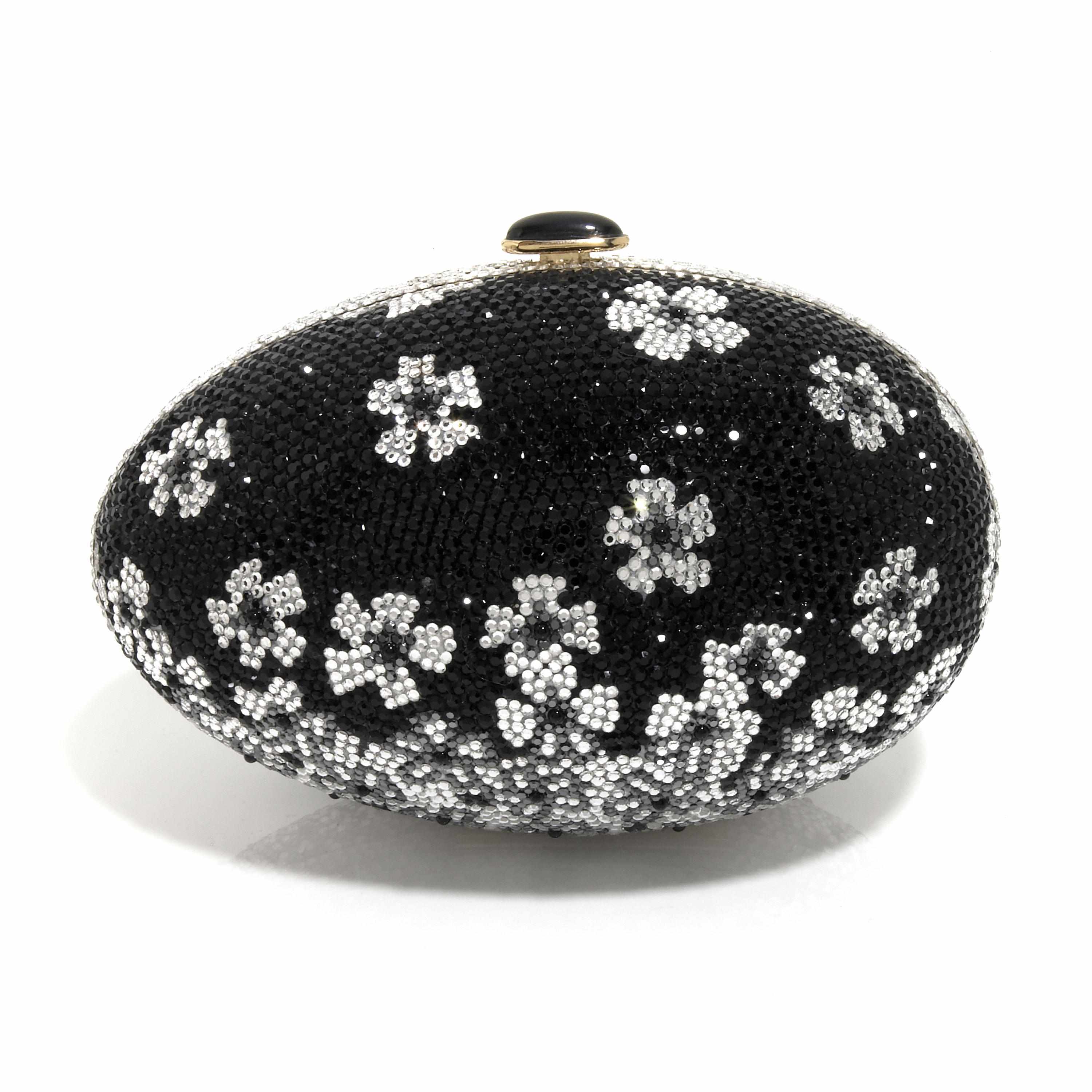 Appraisal: A black crystal egg purse with silver crystal snowflakes signed