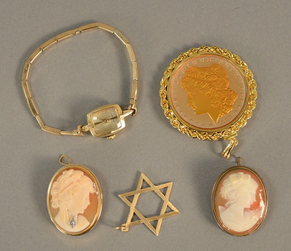 Appraisal: Five piece lot to include two cameo pins one gold