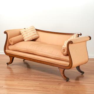 Appraisal: Regency style satinwood banded gondola sofa Regency style satinwood banded