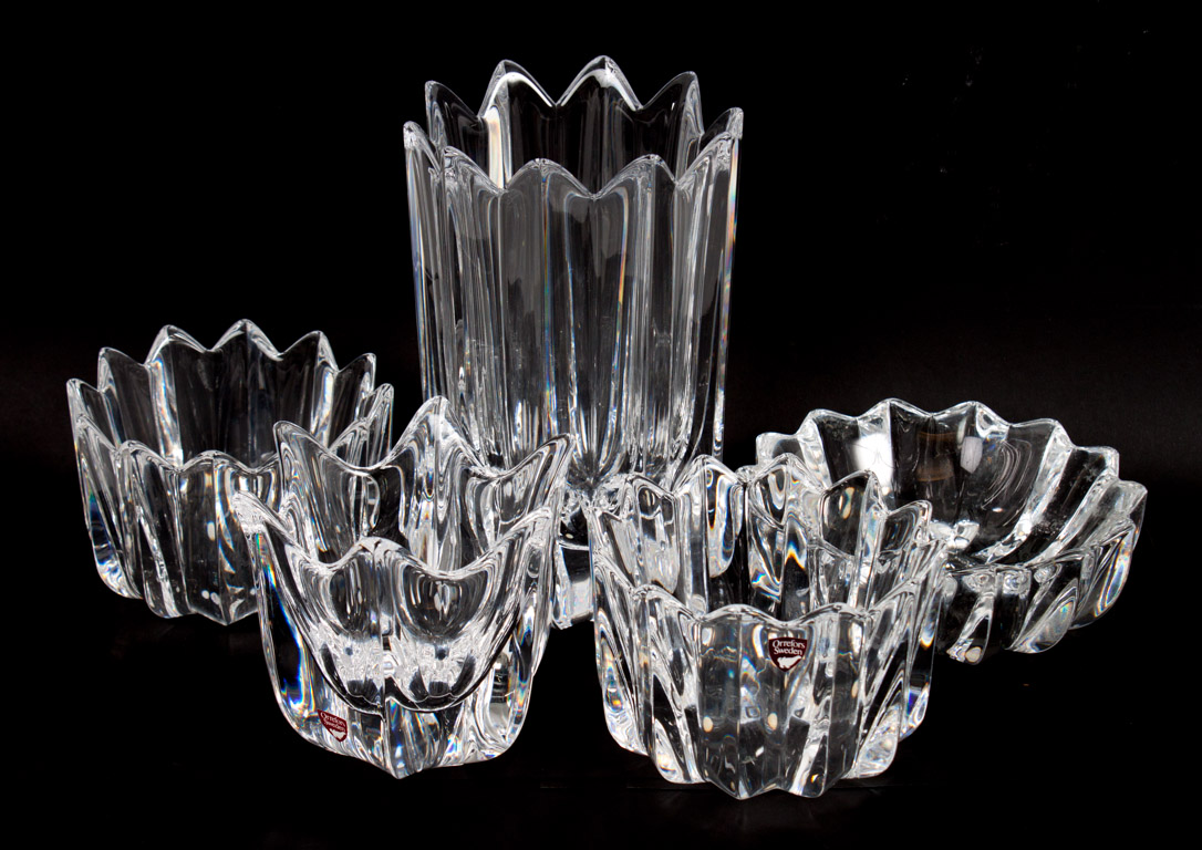 Appraisal: Five Orrefors crystal floral-form bowls and vases three with original