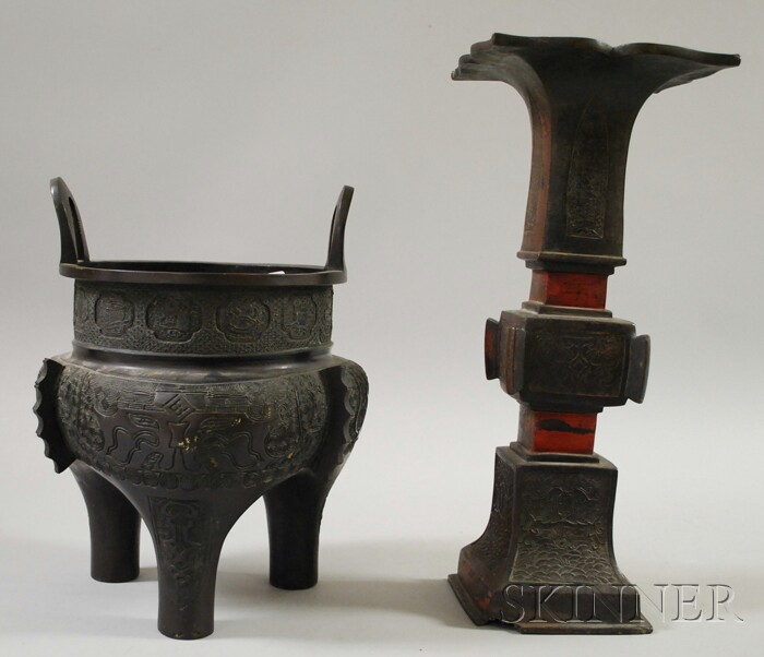 Appraisal: Asian Archaic-style Bronze Vase and Footed Censer vase ht in