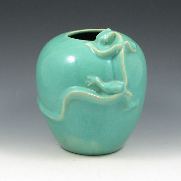 Appraisal: Art pottery vase in green gloss with applied lizard Unmarked