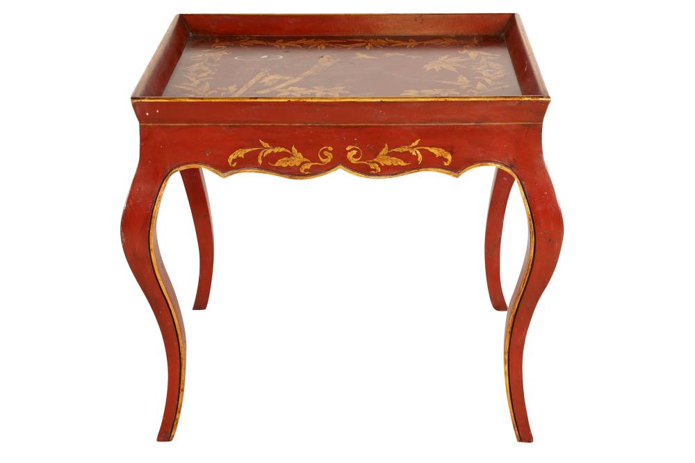 Appraisal: RED GILT-DECORATED SIDE TABLEmodern the rimmed top decorated with a