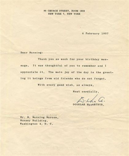 Appraisal: piece Typed Letter Signed MacArthur Douglas New York Feb p