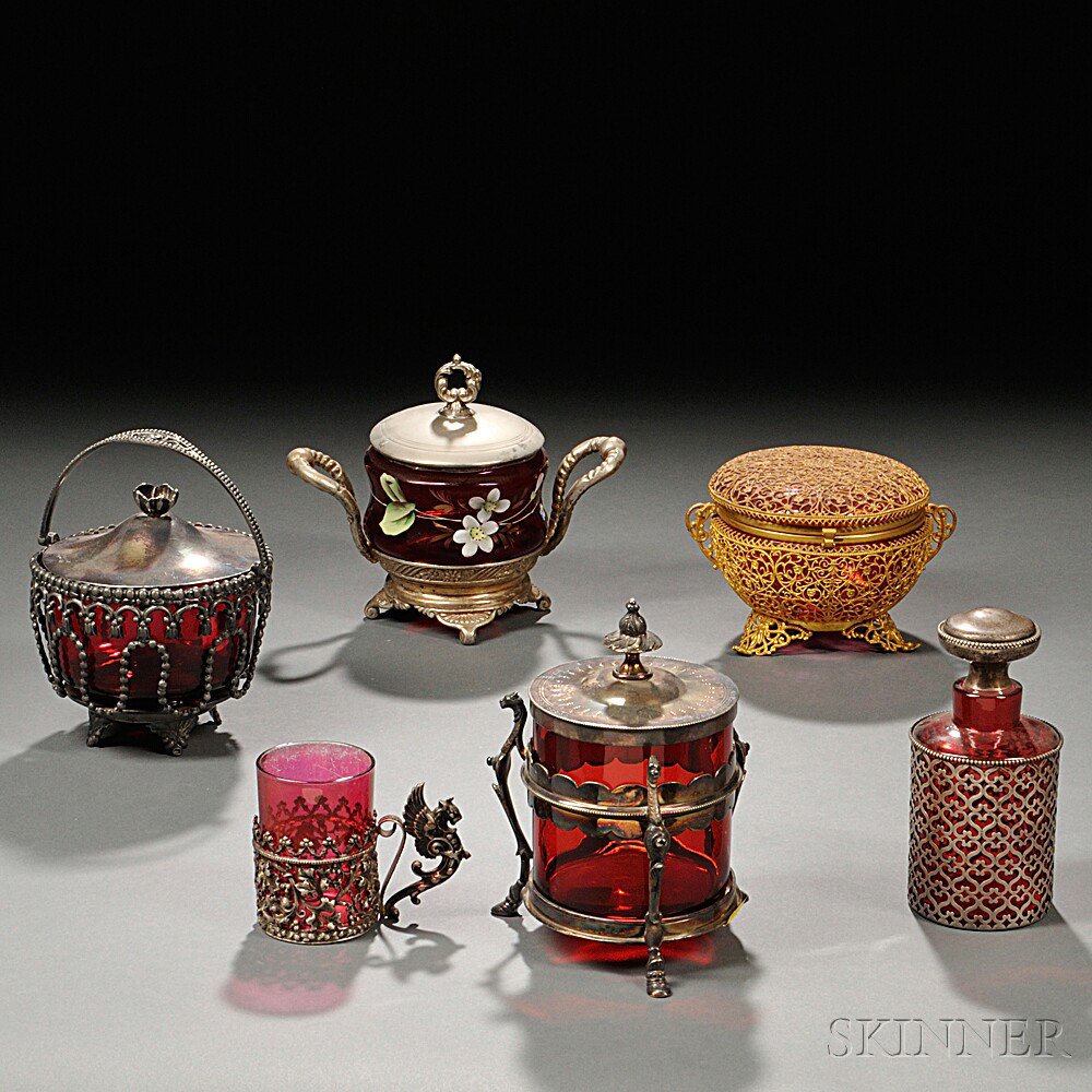 Appraisal: Six Metal-mounted Cranberry Items late th--early th century sugar bowl