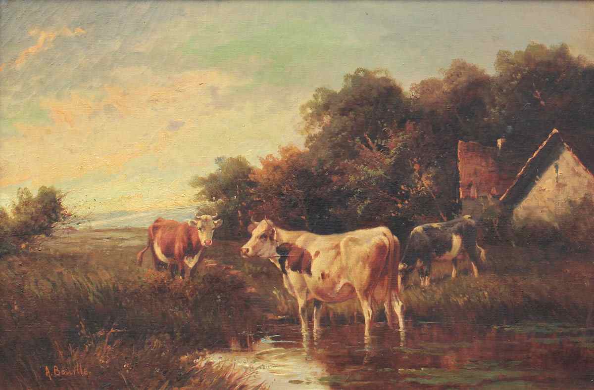 Appraisal: VERY GOOD LANDSCAPE PAINTING WITH COWS SIGNED BOUILLE Oil Canvas