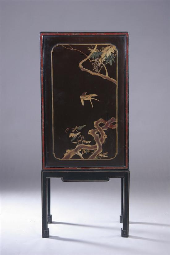 Appraisal: JAPANESE GILT BLACK LACQUER CABINET-ON-STAND Meiji period Bird and foliate