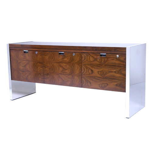 Appraisal: DUNBAR Rosewood veneer and polished chrome three-drawer credenza x x