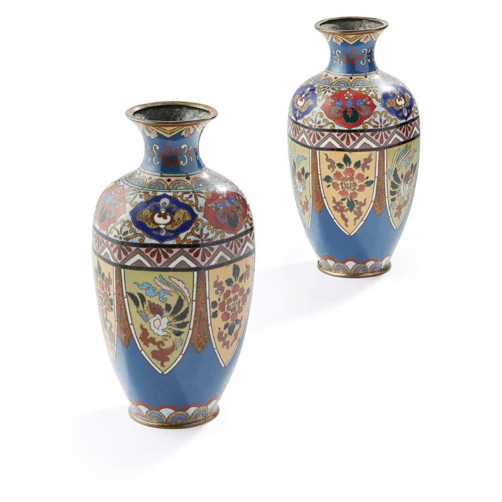 Appraisal: PAIR OF CLOISONN ENAMEL VASES MEIJI PERIOD each decorated with