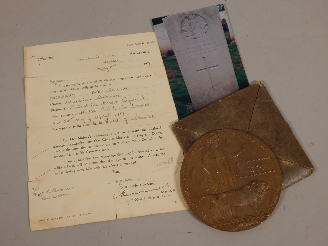 Appraisal: A WWI bronze death plaque awarded for a Private W