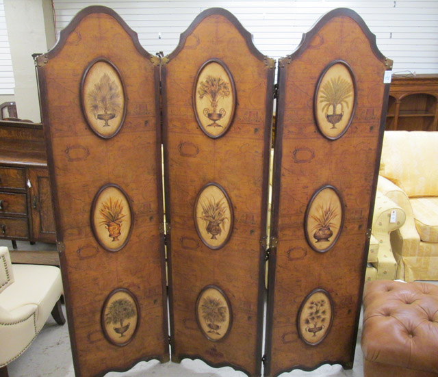 Appraisal: DECORATIVE THREE-PANEL FLOOR SCREEN each panel featuring three oval plant