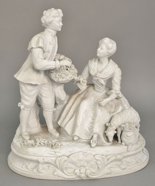 Appraisal: Parian figural group romantic man with flowers courting a seated