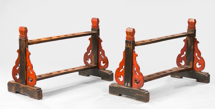 Appraisal: Pair of Chinese Hardwood Red and Black Lacquered Weapon Stands