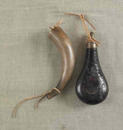 Appraisal: Powder horn th c together with a leather flask with