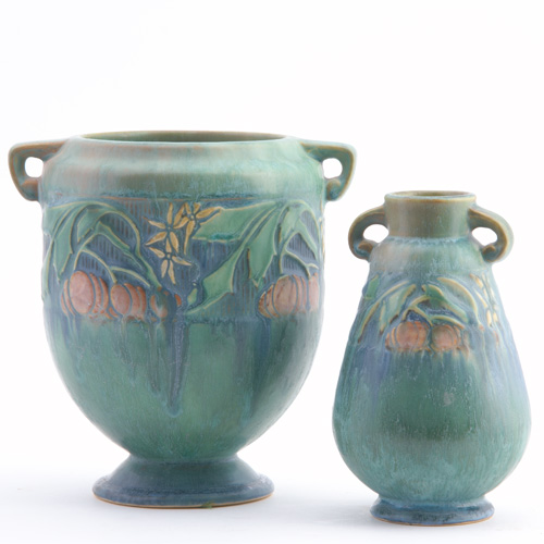 Appraisal: ROSEVILLE Two green Baneda pieces one urn and one bulbous