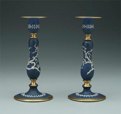 Appraisal: Pair Hawkes candlesticks applied white relief decoration with vines and