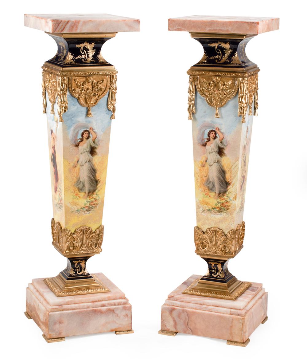 Appraisal: Pair of Louis XVI-Style Bronze-Mounted Enameled Metal and Onyx Pedestals