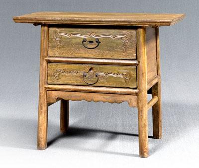 Appraisal: Chinese two-drawer stand mustard yellow finish mortise and tenon construction