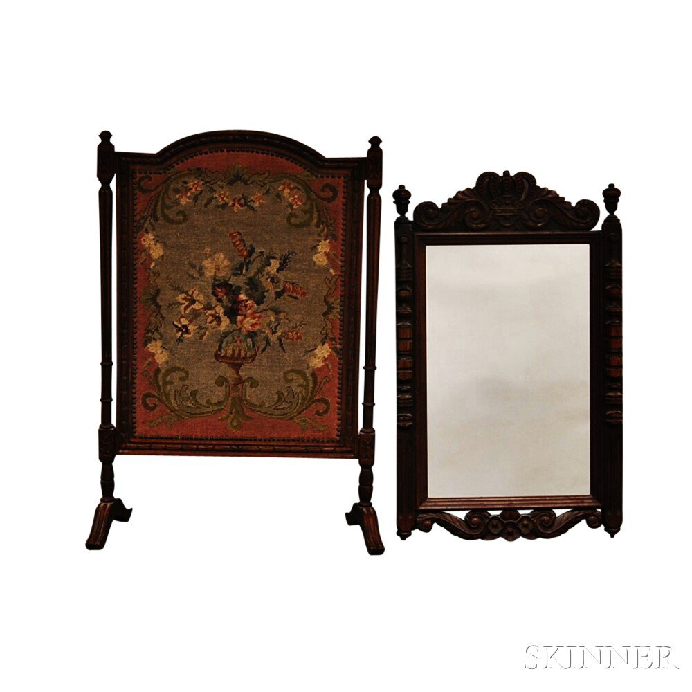 Appraisal: Carved Walnut and Needlepoint Firescreen and a Carved Mirror ht