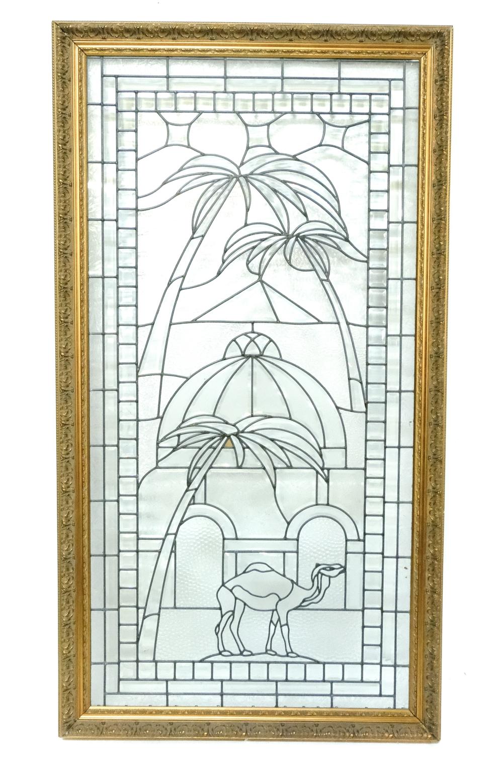 Appraisal: Contemporary framed leaded glass window depicting a middle eastern style