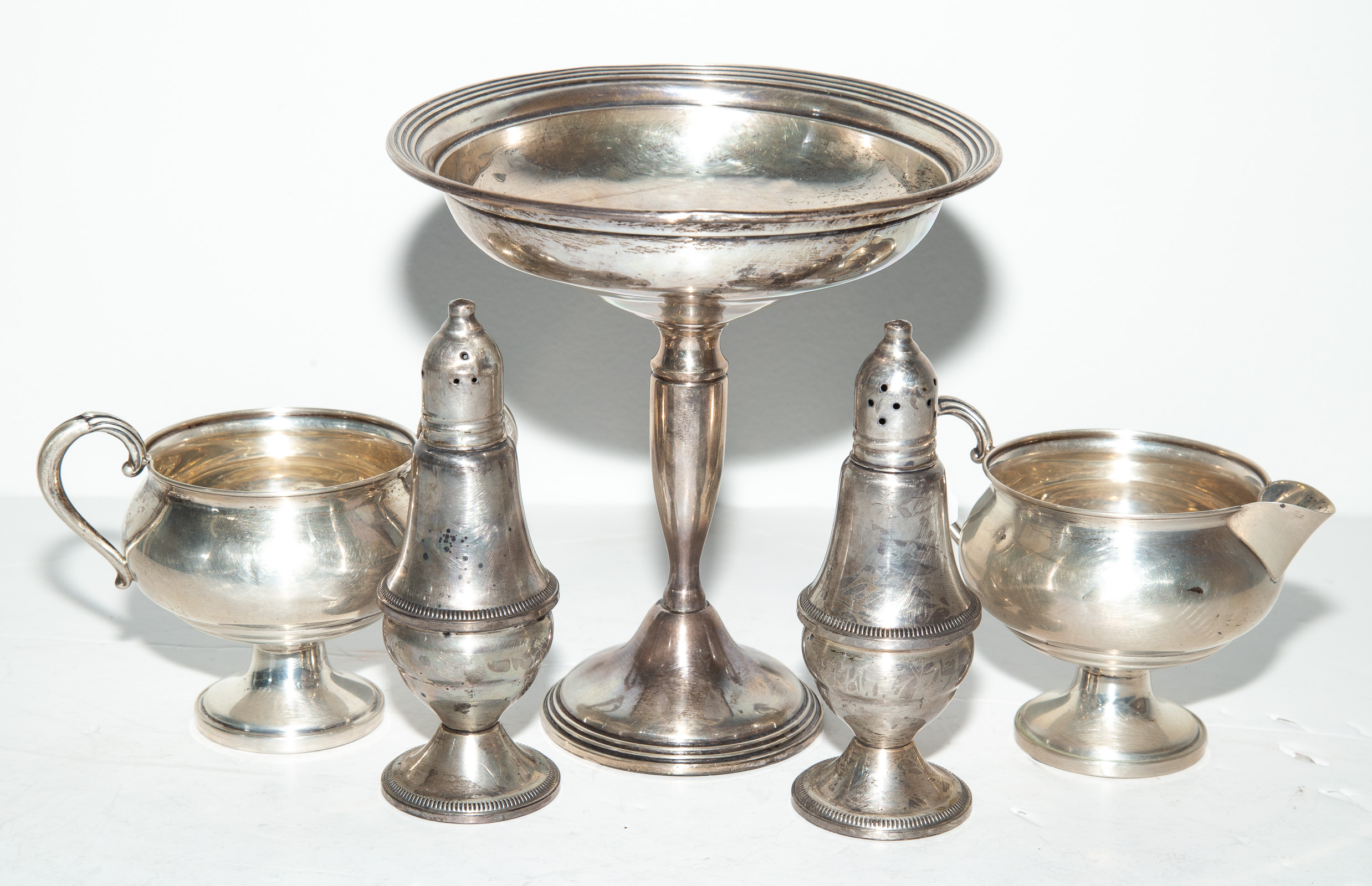 Appraisal: FIVE PIECES WEIGHTED STERLING SILVER Including a pedestal dish a