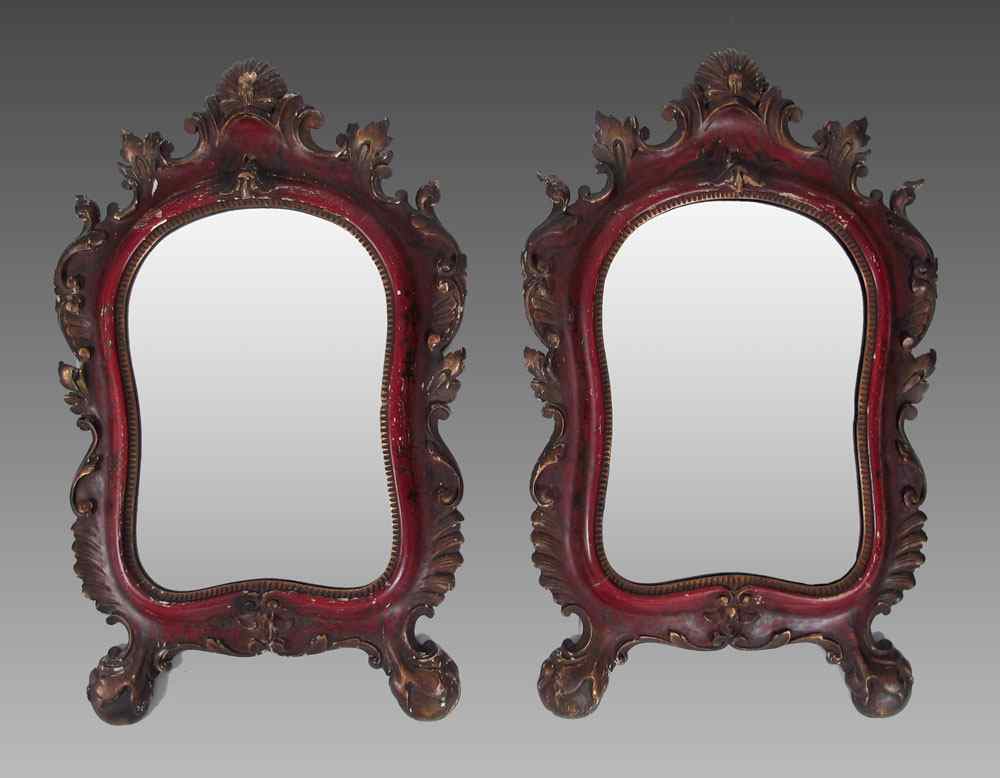 Appraisal: PAIR TH CENTURY ITALIAN PAINTED MIRRORS Matched pair with red