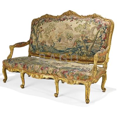 Appraisal: FRENCH AUBUSSON TAPESTRY SOFA Gilded frame with serpentine front th